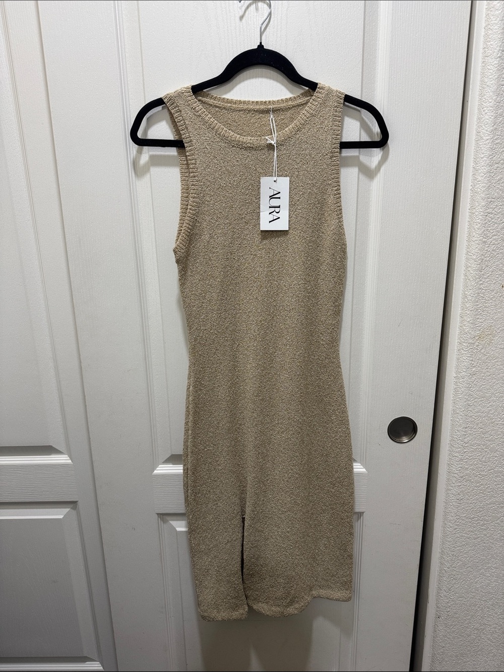 NWT AURA Beige Bouclé Knit Sleeveless Midi Dress Size Medium Neutral Minimalist